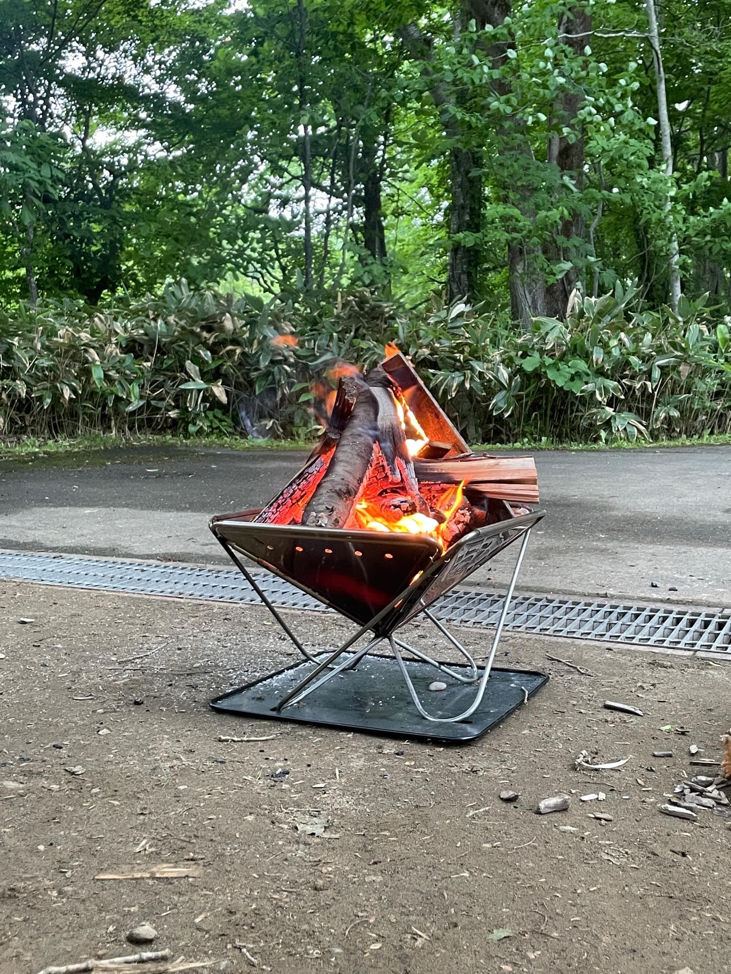 古山貯水池自然公園オートキャンプ場で焚き火を楽しむキャンプ