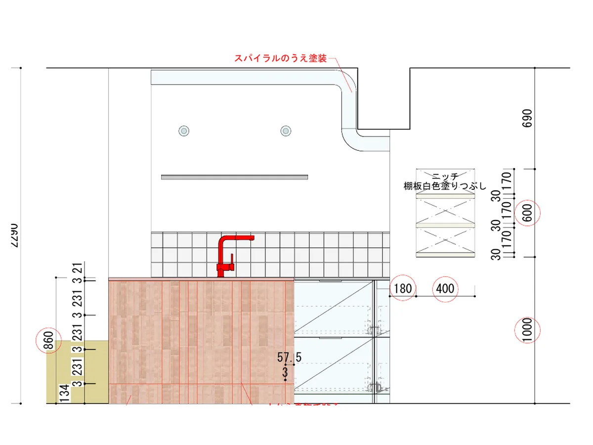赤い水栓とピンクのタイルのカウンターを描いたキッチン展開図